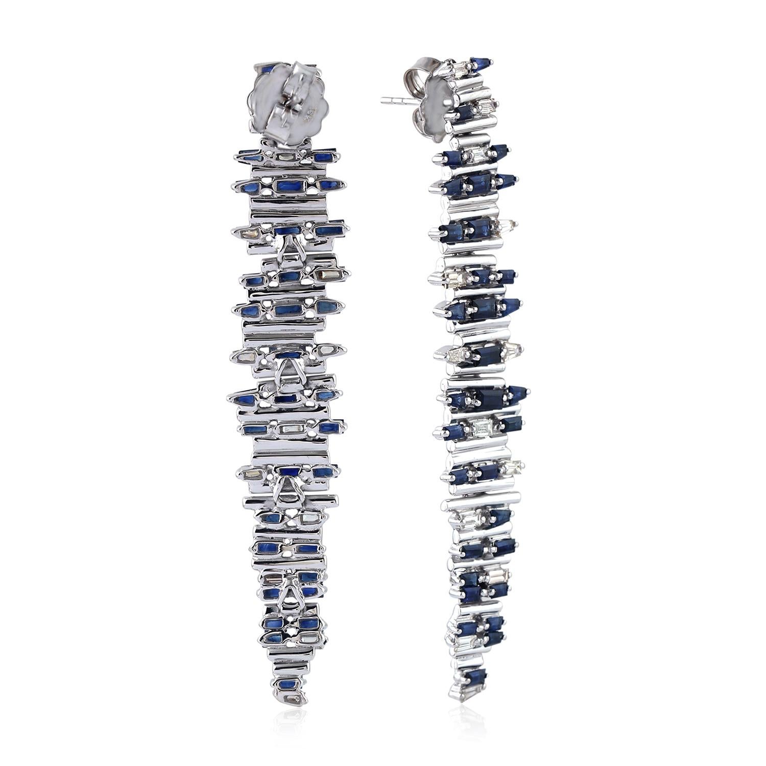 Contemporary Blue Sapphire Diamond Baguette Earrings For Sale