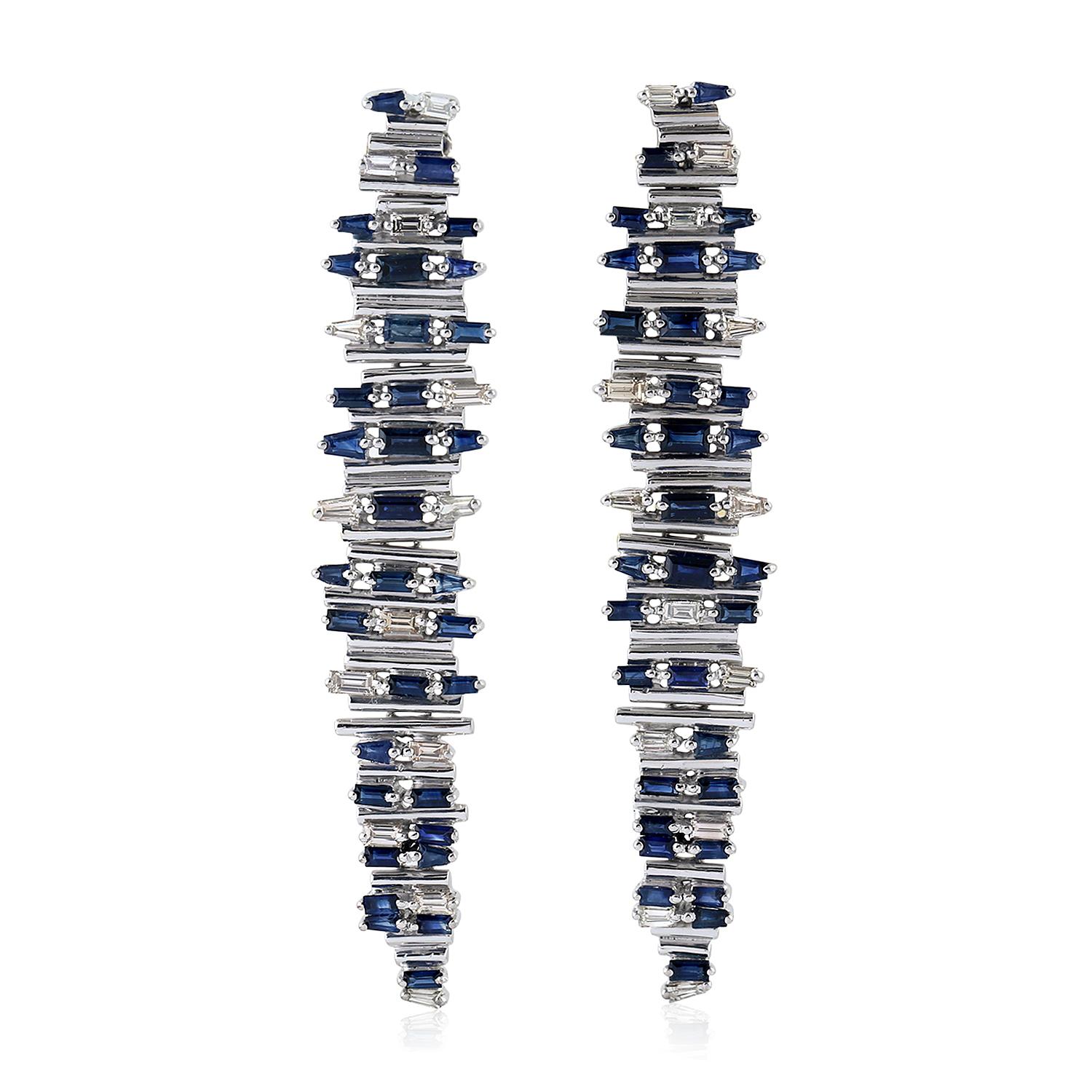 Baguette Cut Blue Sapphire Diamond Baguette Earrings For Sale