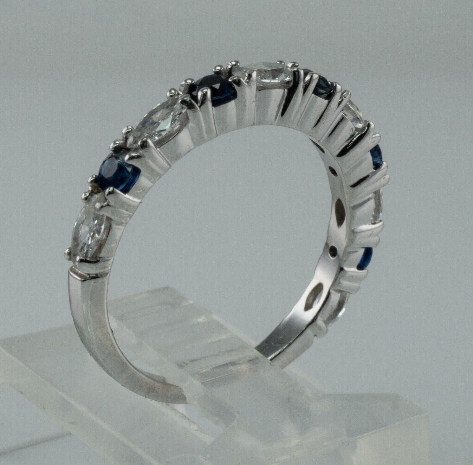 Women's Blue Sapphire Diamond Band Ring 14k White Gold Marquise For Sale