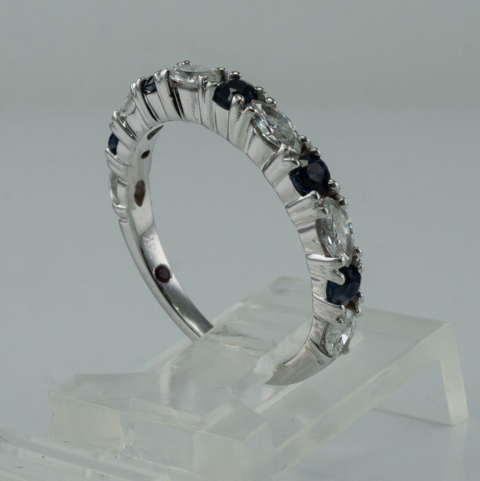 Blue Sapphire Diamond Band Ring 14k White Gold Marquise For Sale 3