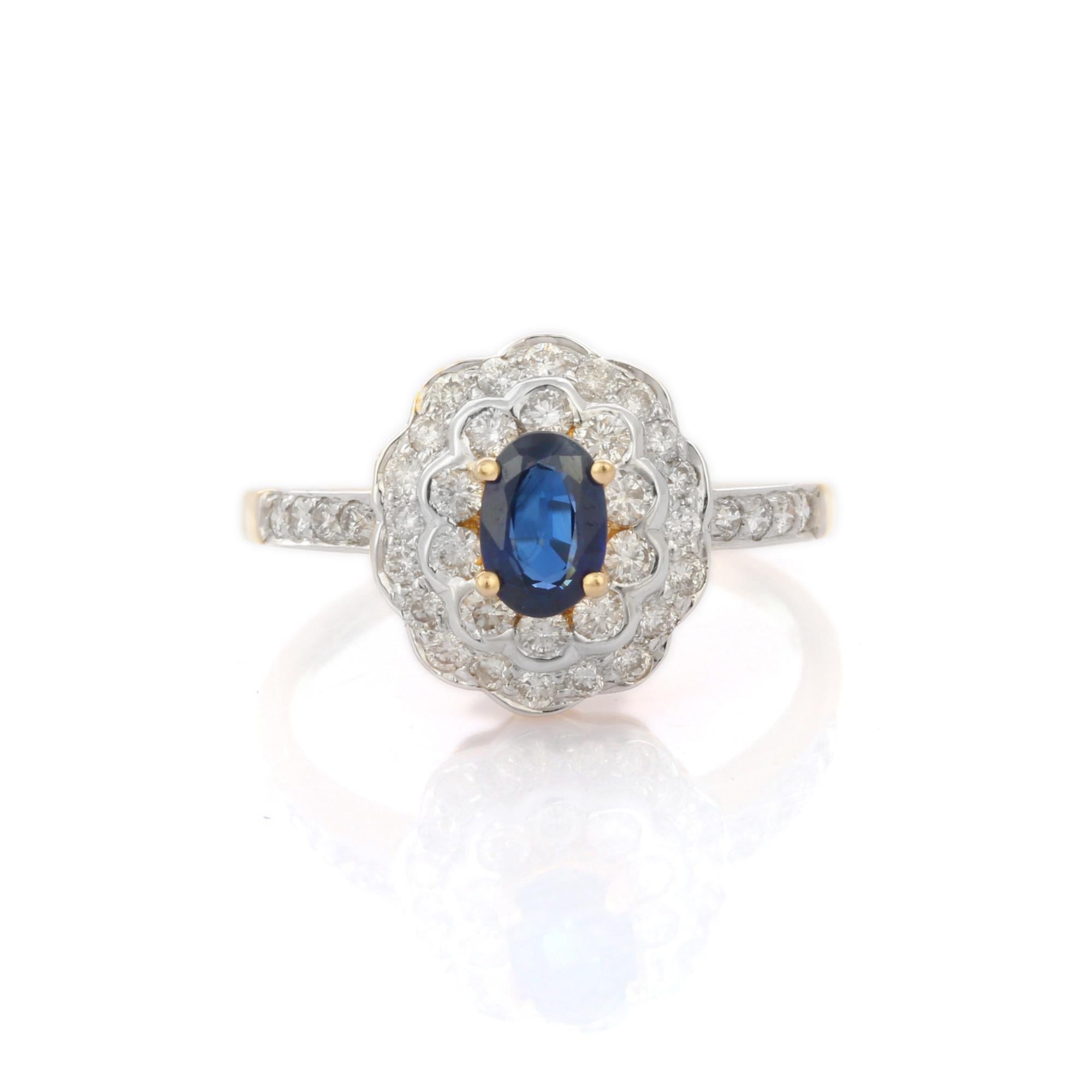 For Sale:  Big Floral Blue Sapphire Cocktail Ring with Inlaid Diamonds in 18K Yellow Gold 2