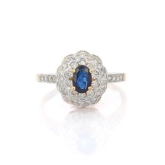 Big Floral Blue Sapphire Cocktail Ring with Inlaid Diamonds in 18K Yellow Gold