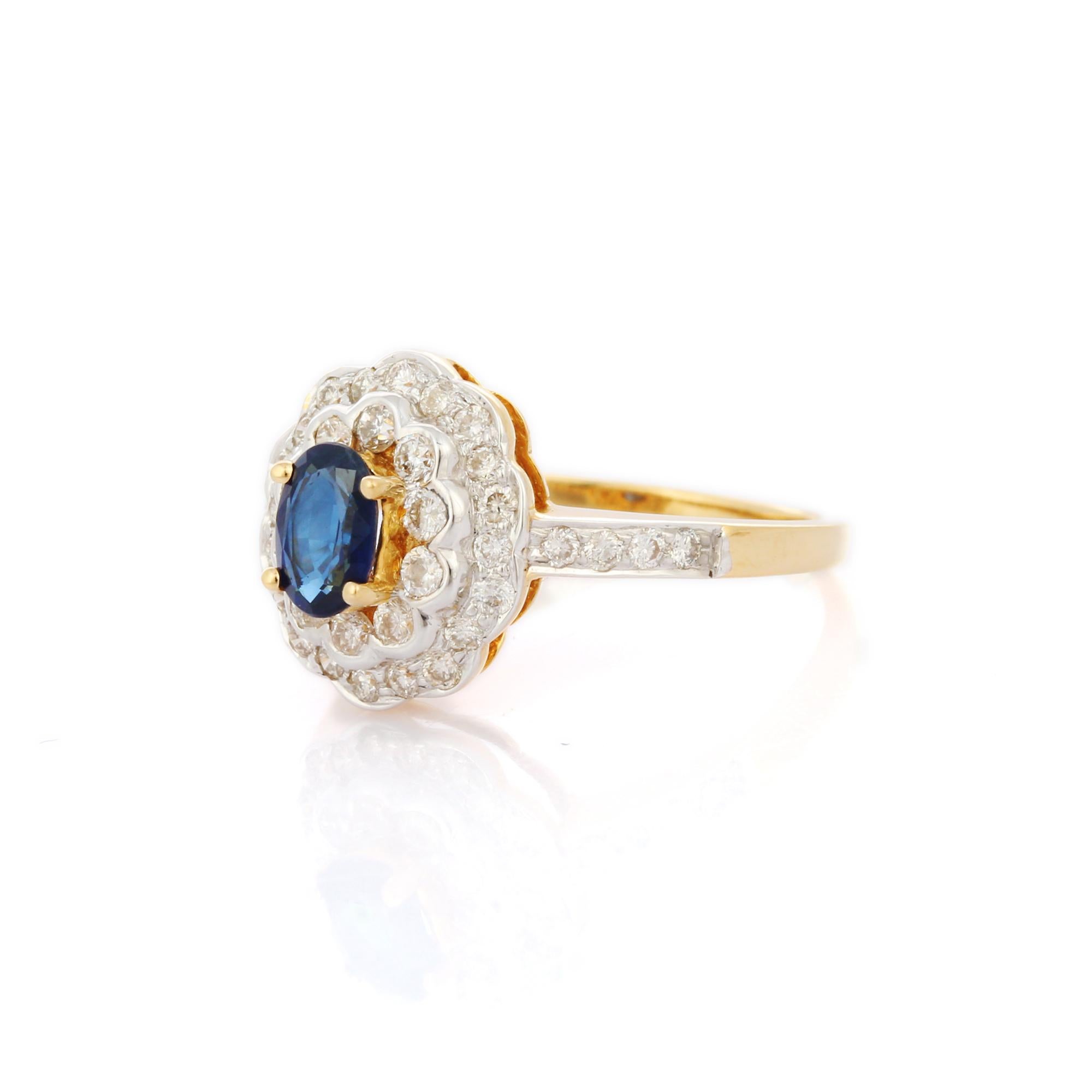 For Sale:  Big Floral Blue Sapphire Cocktail Ring with Inlaid Diamonds in 18K Yellow Gold 3