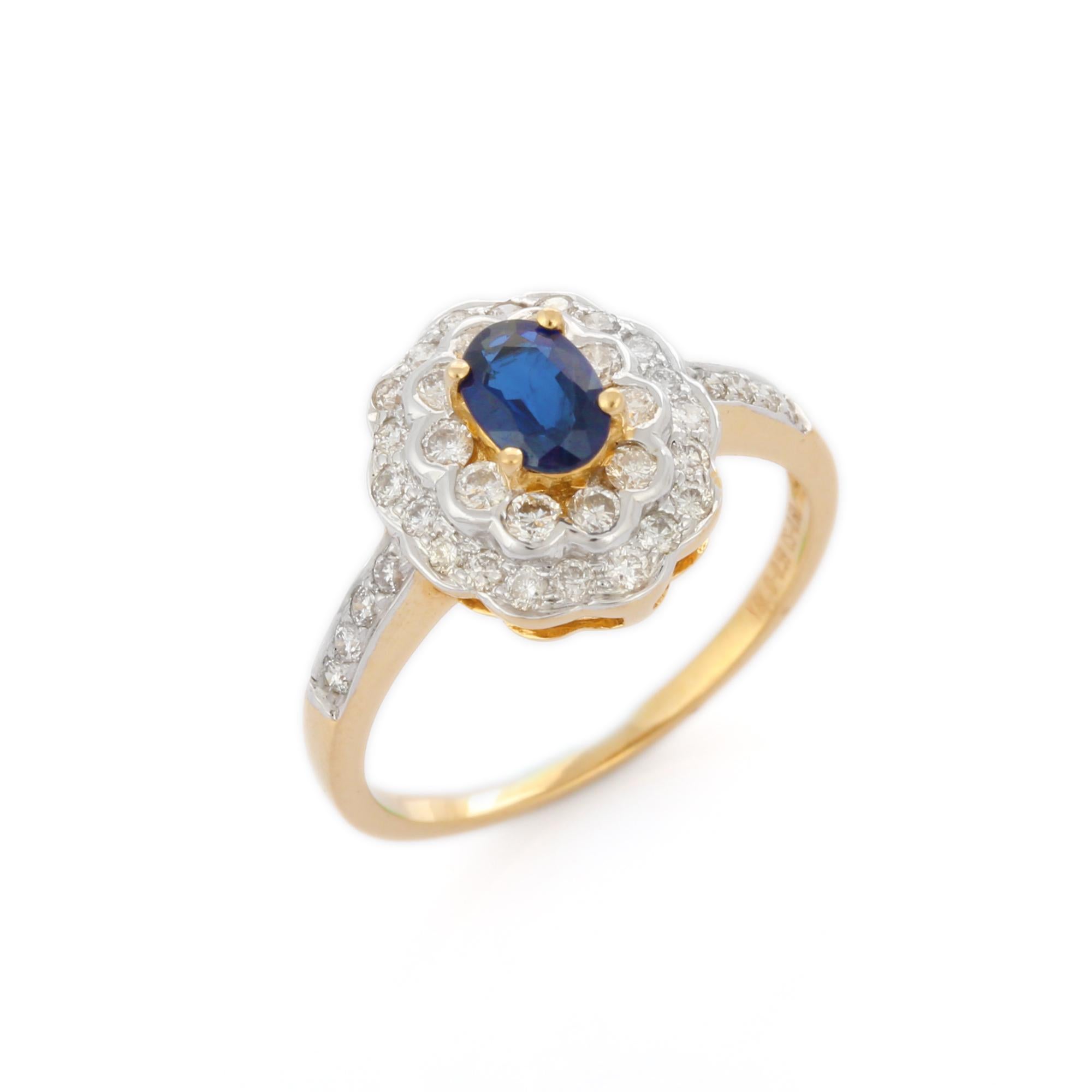 For Sale:  Big Floral Blue Sapphire Cocktail Ring with Inlaid Diamonds in 18K Yellow Gold 5