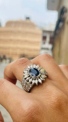 Blue Sapphire Diamond Big Floral Statement Cocktail Ring in 18k Solid White Gold