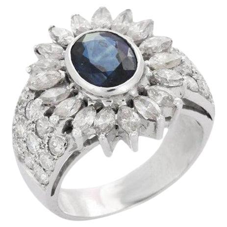 Blue Sapphire Diamond Big Floral Statement Cocktail Ring in 18k Solid White Gold