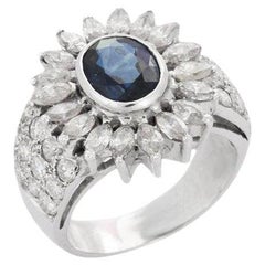 Zafiro Azul Diamante Gran Anillo Floral de Cóctel en Oro Blanco Macizo de 18k