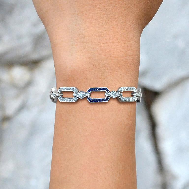 Sapphire and Diamond Art Deco Style Chain Bracelet in 18K White Gold For Sale 3