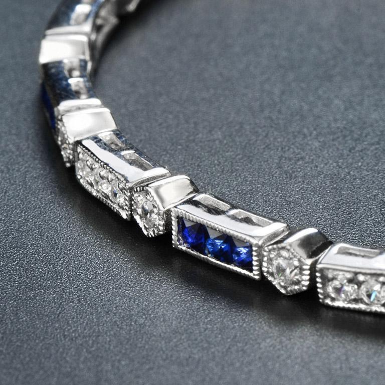French Cut Sapphire and Diamond Art Deco Style Link Bracelet in 18K White Gold For Sale