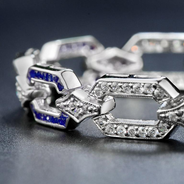 French Cut Sapphire and Diamond Art Deco Style Chain Bracelet in 18K White Gold For Sale