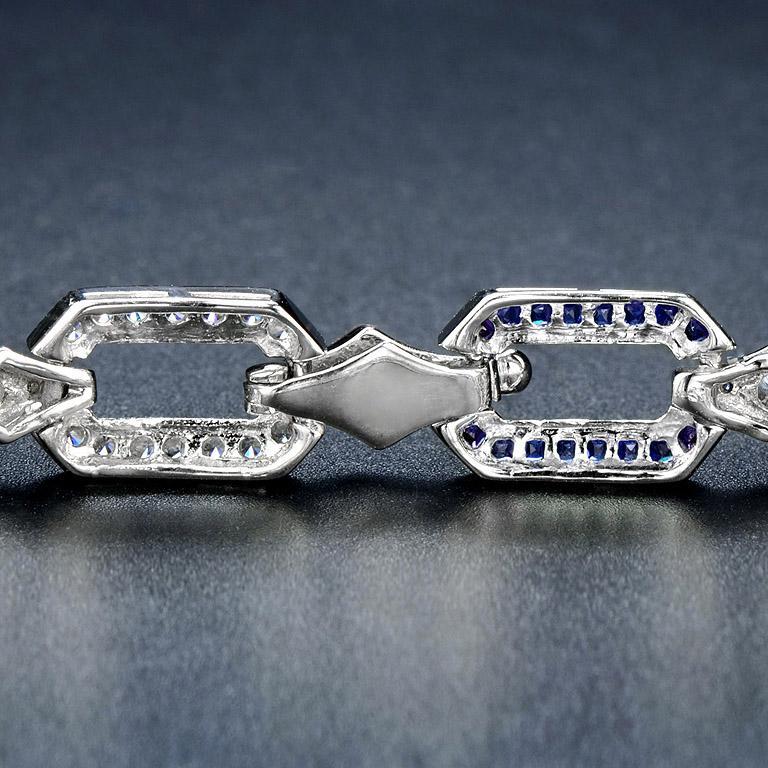 Sapphire and Diamond Art Deco Style Chain Bracelet in 18K White Gold In New Condition For Sale In Bangkok, TH