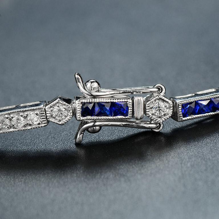 Women's Sapphire and Diamond Art Deco Style Link Bracelet in 18K White Gold For Sale