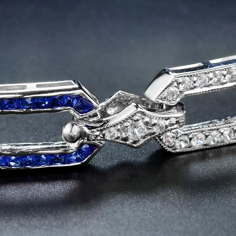 Women's or Men's Sapphire and Diamond Art Deco Style Chain Bracelet in 18K White Gold For Sale