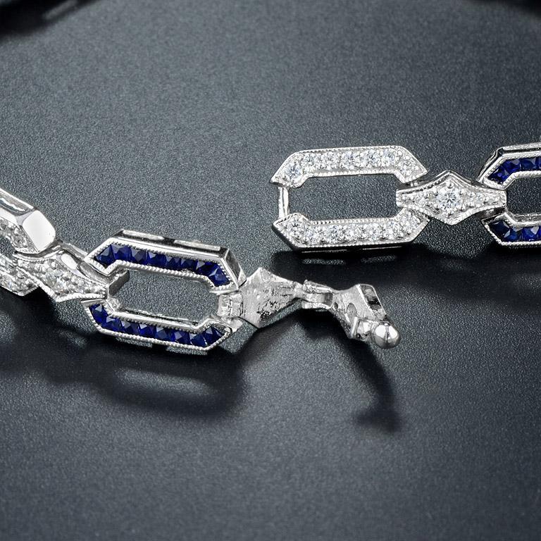 Sapphire and Diamond Art Deco Style Chain Bracelet in 18K White Gold For Sale 1