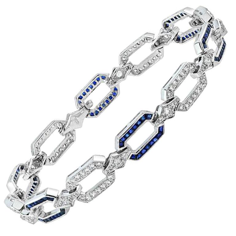 Sapphire and Diamond Art Deco Style Chain Bracelet in 18K White Gold For Sale