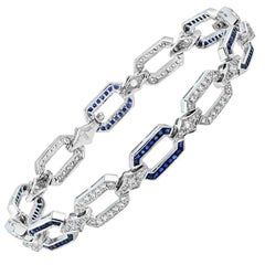 Bracelet chaîne de style Art déco en or blanc 18 carats avec saphirs et diamants