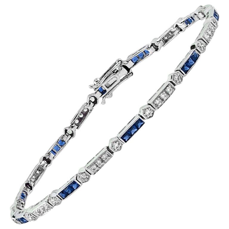 Sapphire and Diamond Art Deco Style Link Bracelet in 18K White Gold For Sale
