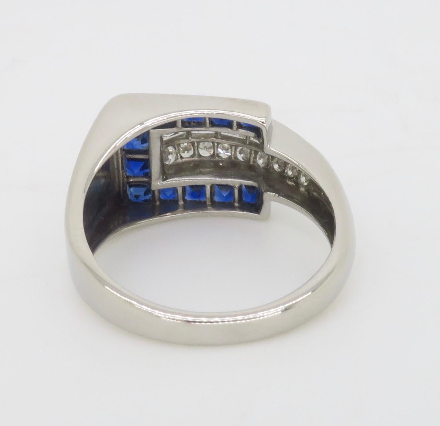 Blue Sapphire & Diamond Buckle Ring made in Platinum  For Sale 6
