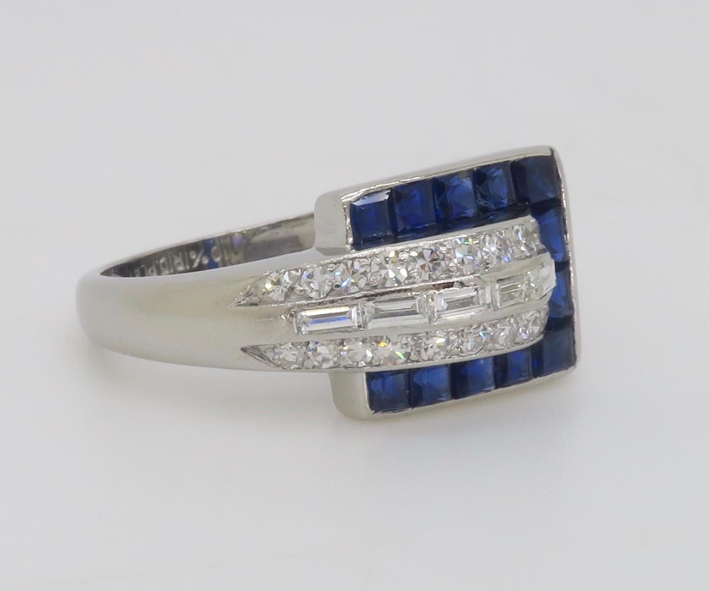 Blue Sapphire & Diamond Buckle Ring made in Platinum  For Sale 7