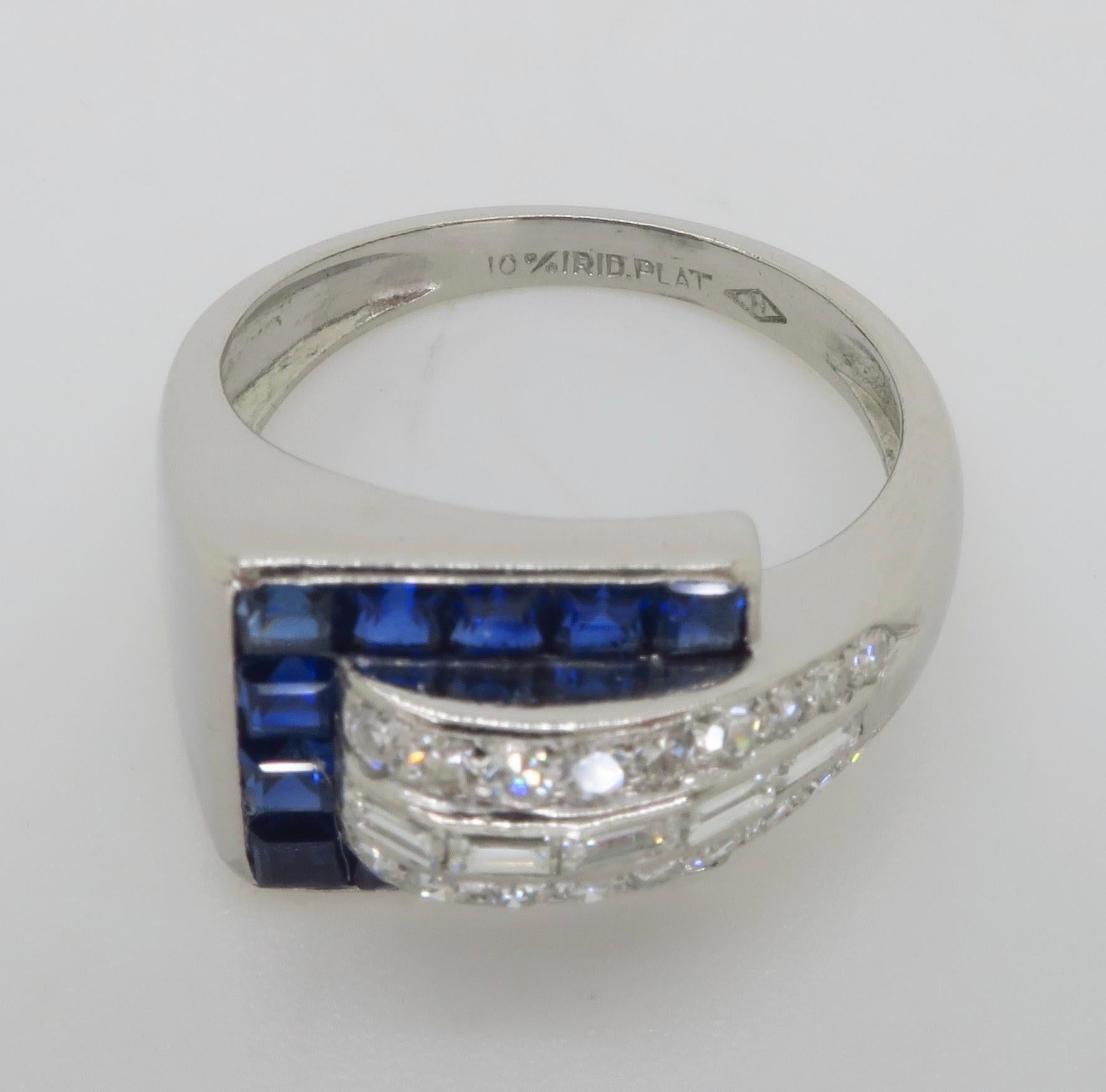 Blue Sapphire & Diamond Buckle Ring made in Platinum  For Sale 8