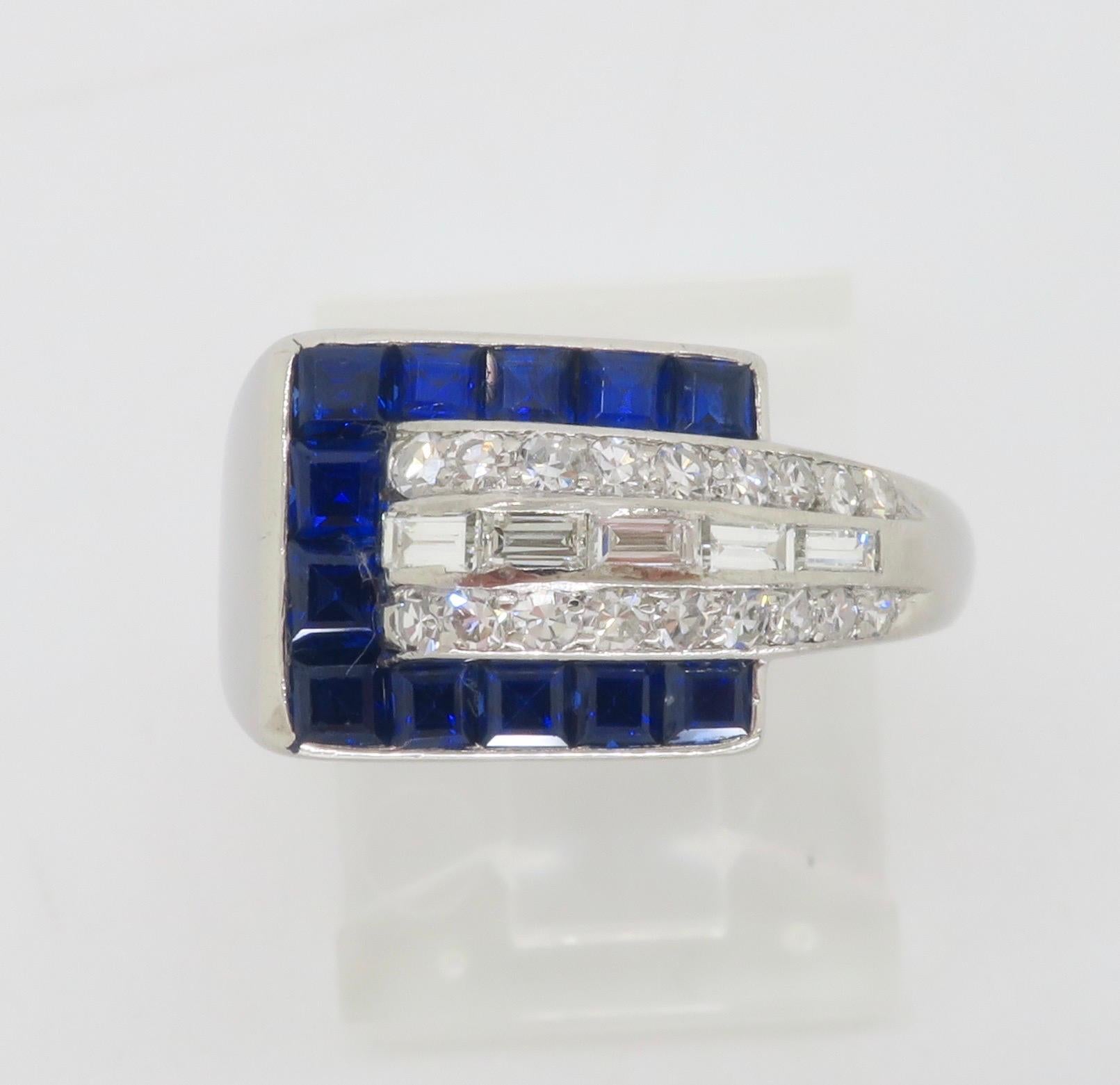 Blue Sapphire & Diamond Buckle Ring made in Platinum  For Sale 9