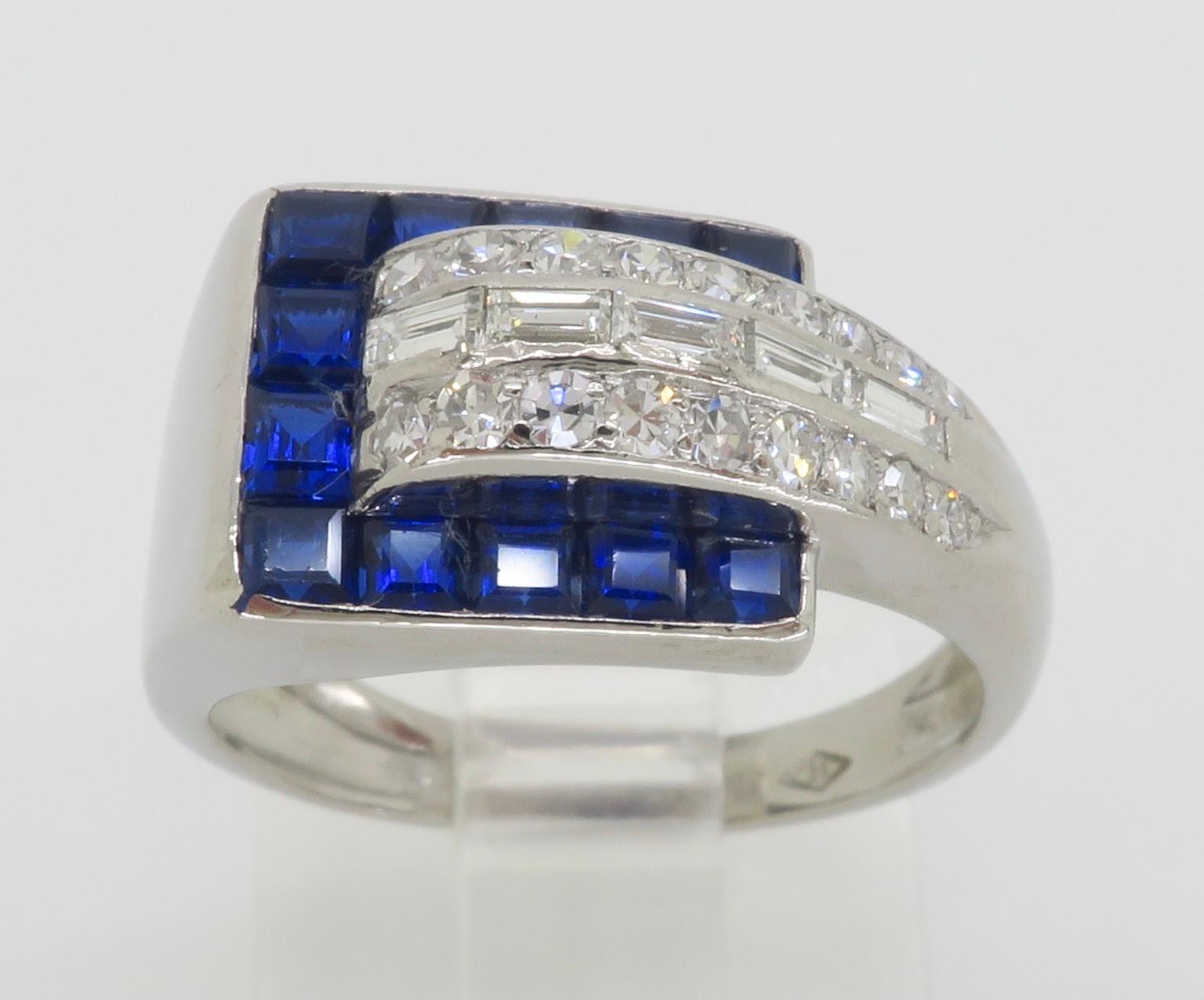 Blue Sapphire & Diamond Buckle Ring made in Platinum  For Sale 10
