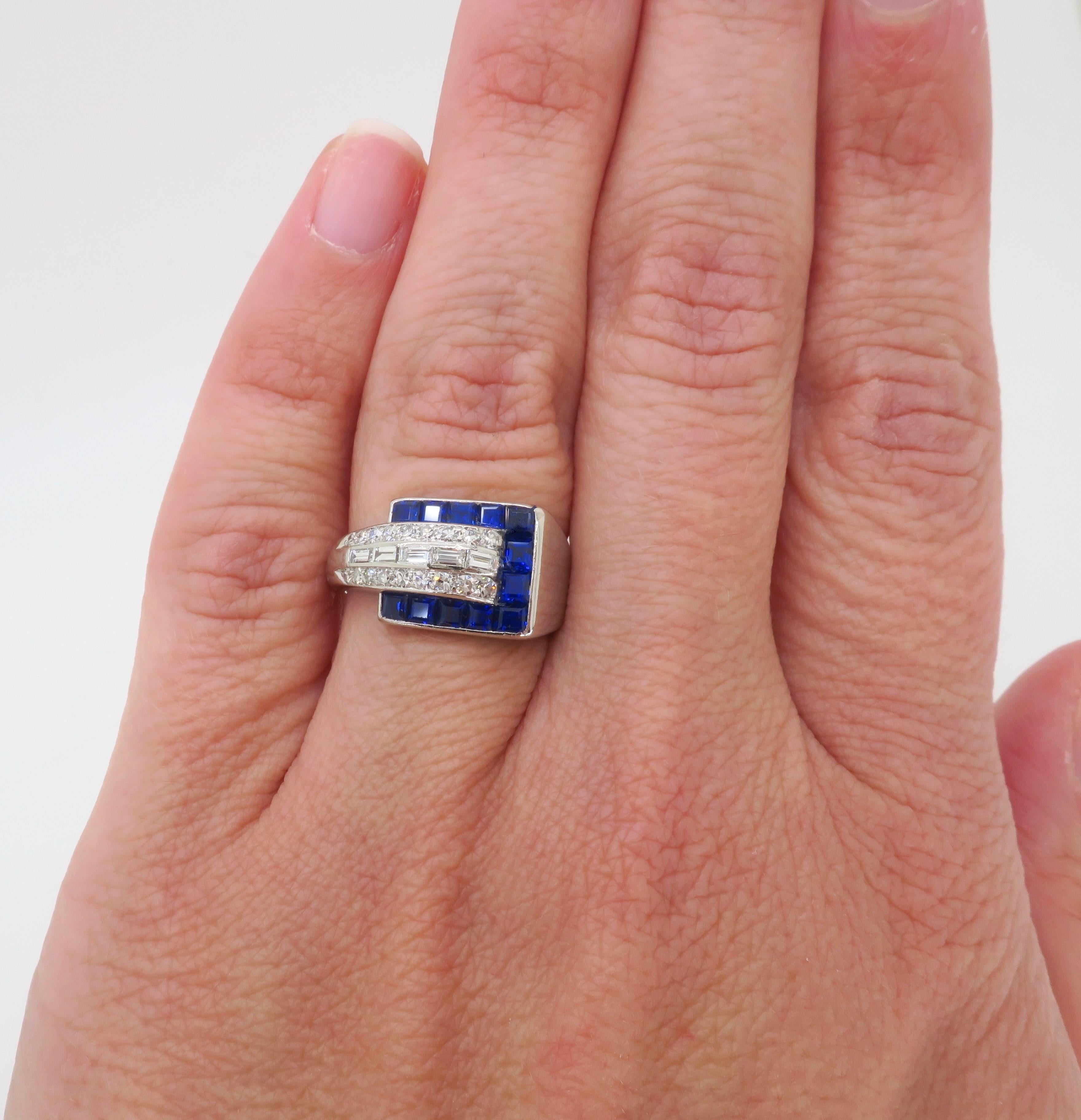 Blue Sapphire & Diamond Buckle Ring made in Platinum  For Sale 11