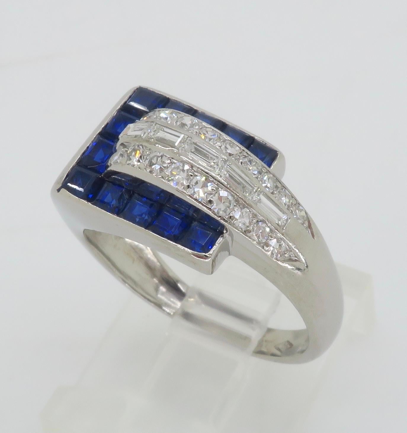 Blue Sapphire & Diamond Buckle Ring made in Platinum  For Sale 12