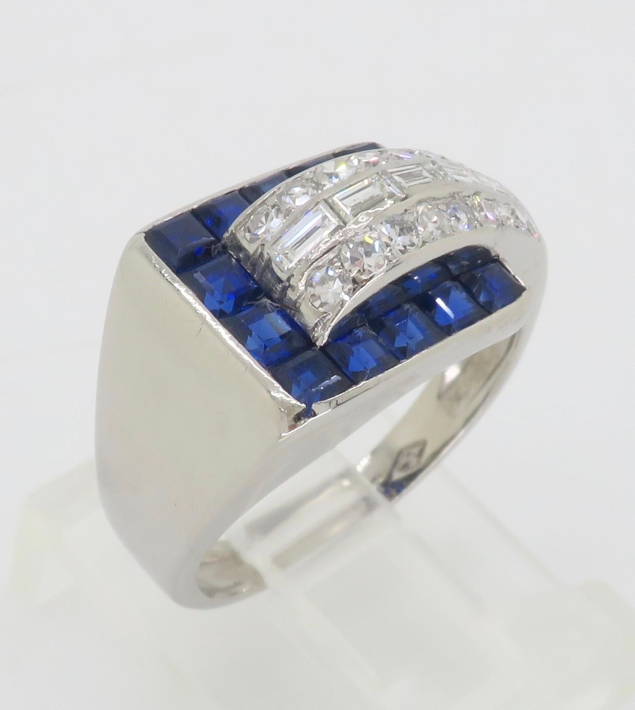 Blue Sapphire & Diamond Buckle Ring made in Platinum  For Sale 13