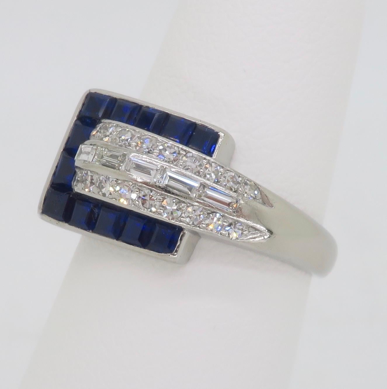 Princess Cut Blue Sapphire & Diamond Buckle Ring made in Platinum  For Sale