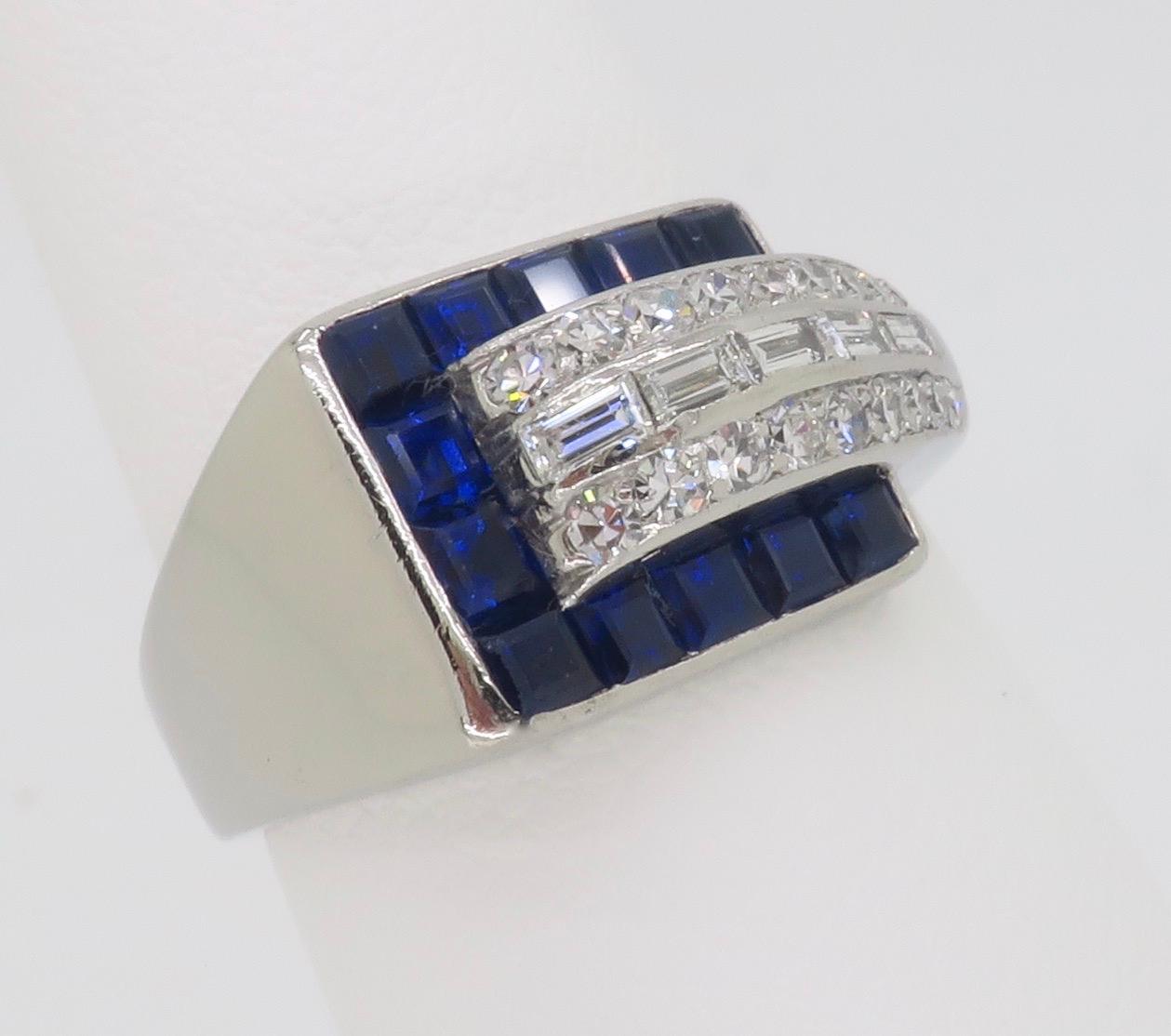 Blue Sapphire & Diamond Buckle Ring made in Platinum  In Excellent Condition For Sale In Webster, NY