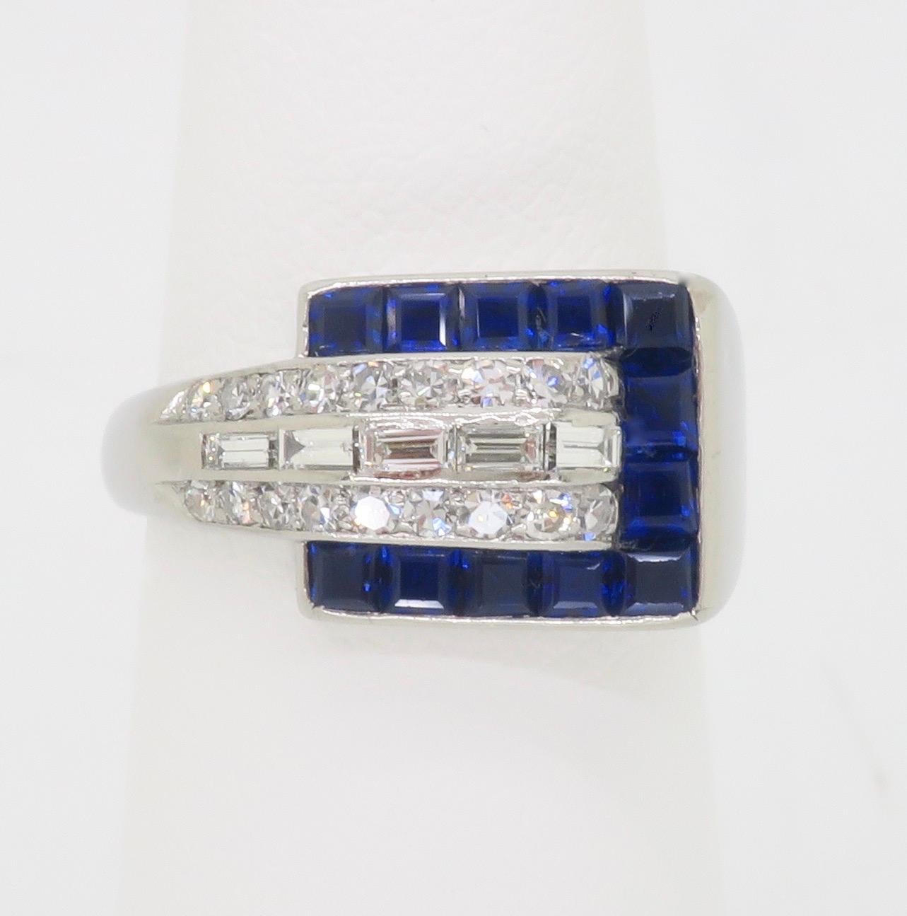 Women's or Men's Blue Sapphire & Diamond Buckle Ring made in Platinum  For Sale