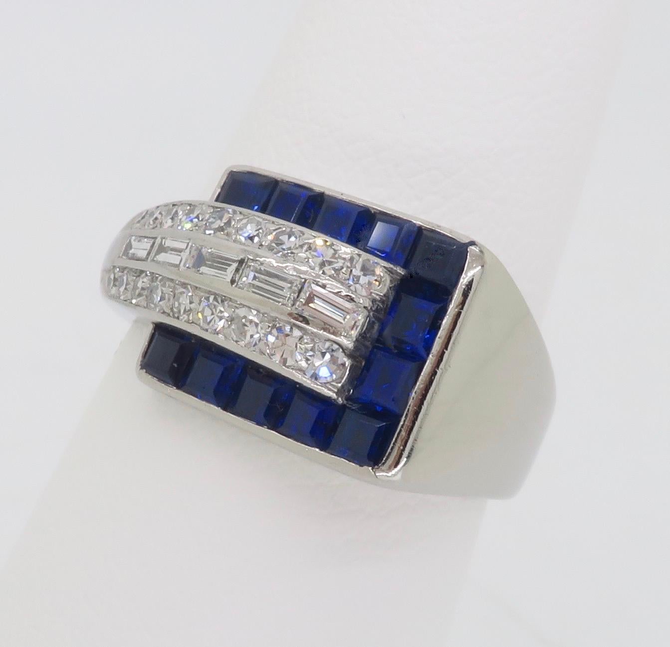 Blue Sapphire & Diamond Buckle Ring made in Platinum  For Sale 1