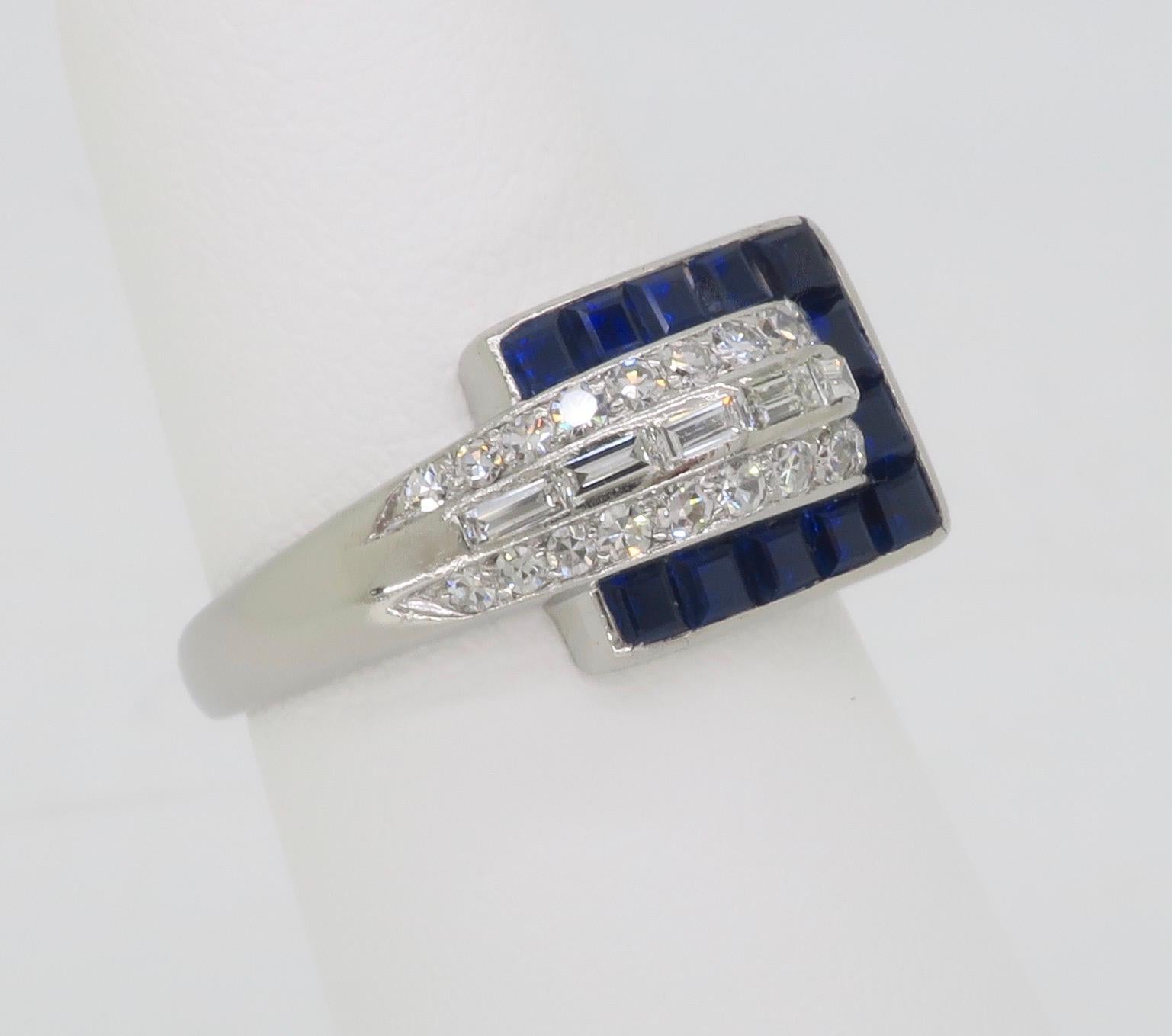 Blue Sapphire & Diamond Buckle Ring made in Platinum  For Sale 3