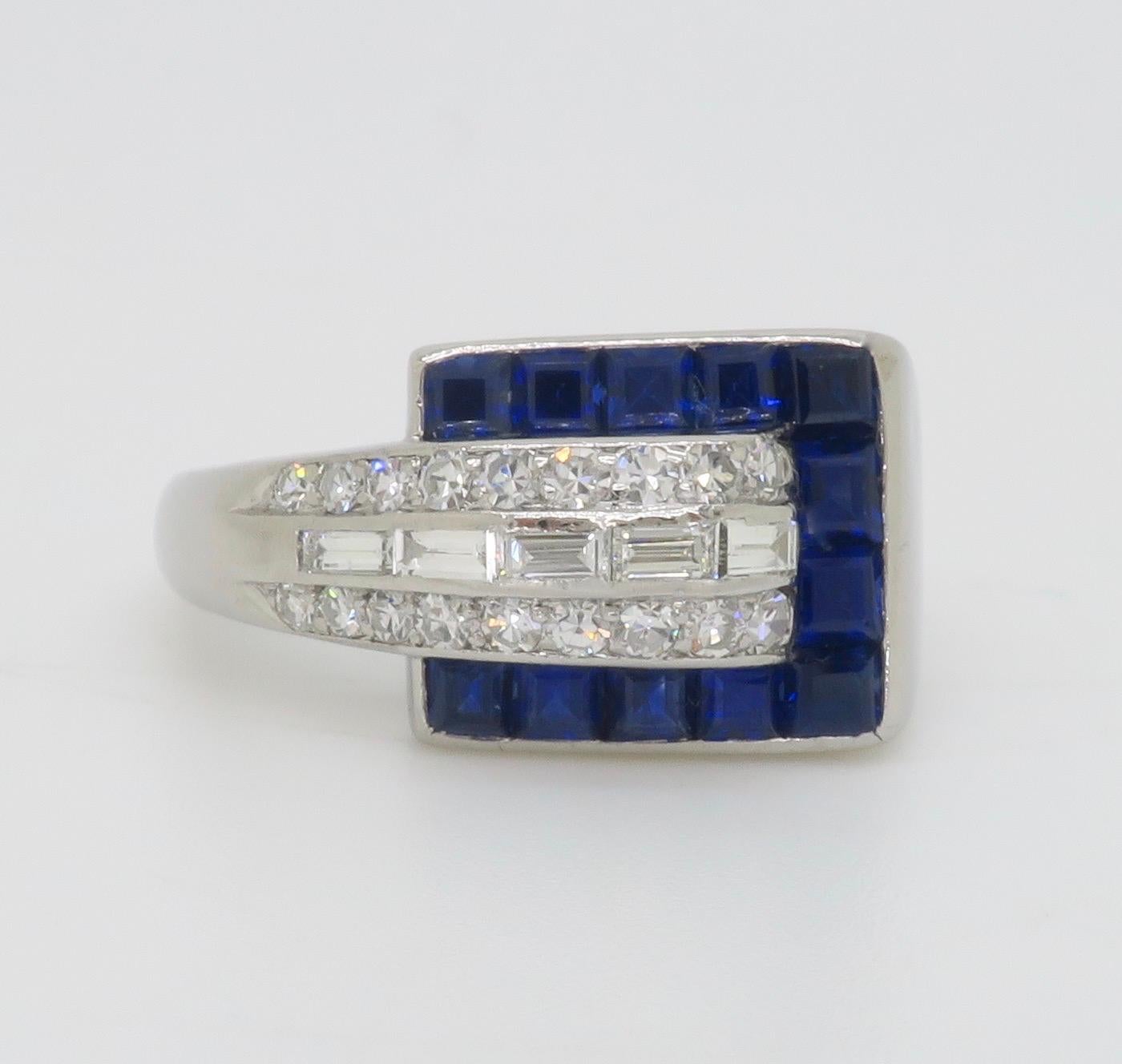 Blue Sapphire & Diamond Buckle Ring made in Platinum  For Sale 4