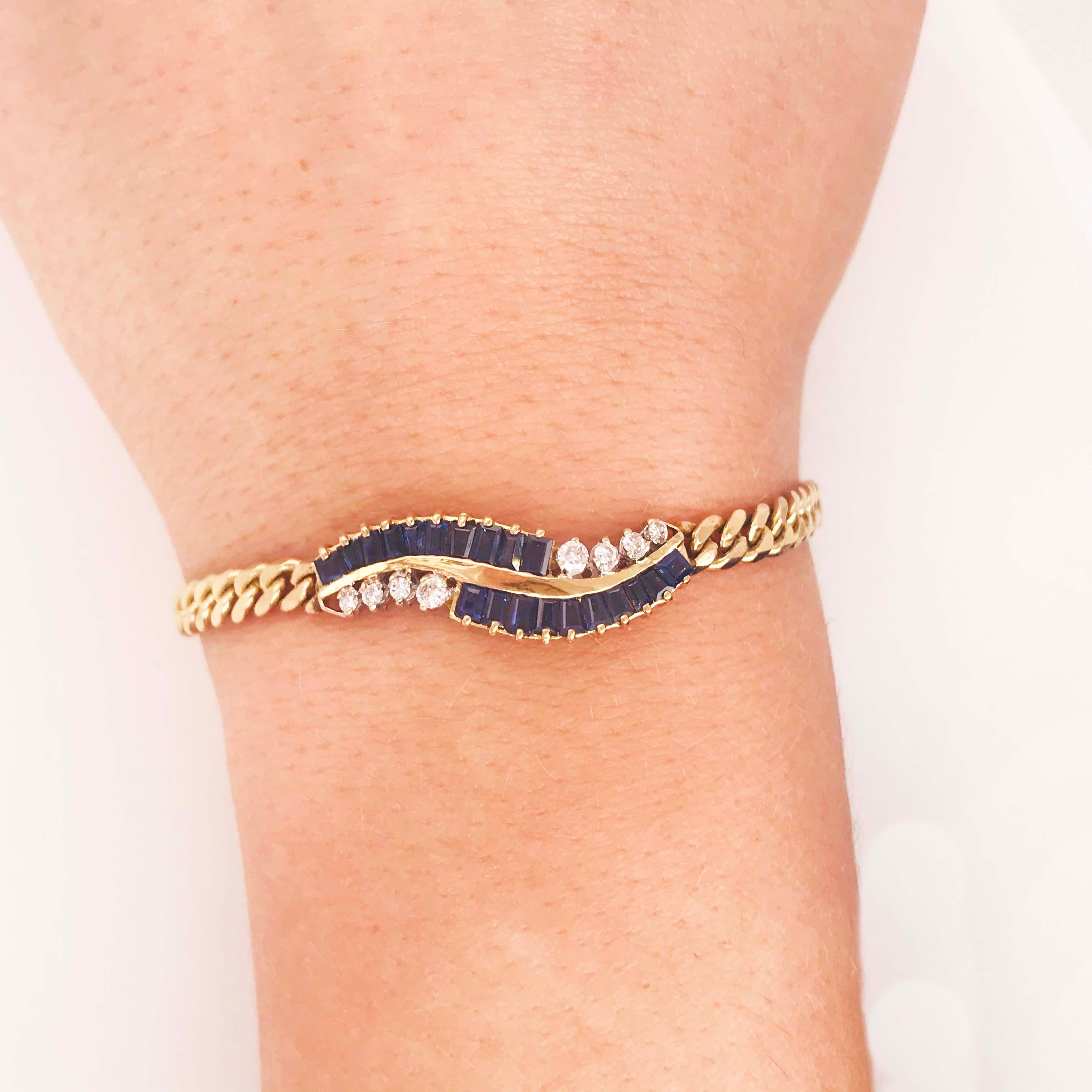 This gorgeous blue sapphire and diamond bracelet is one of a kind and made in the precious metal-14 karat solid gold. The custom diamond and sapphire bracelet has an organic curved shape with deep blue sapphire gemstones and round brilliant diamond