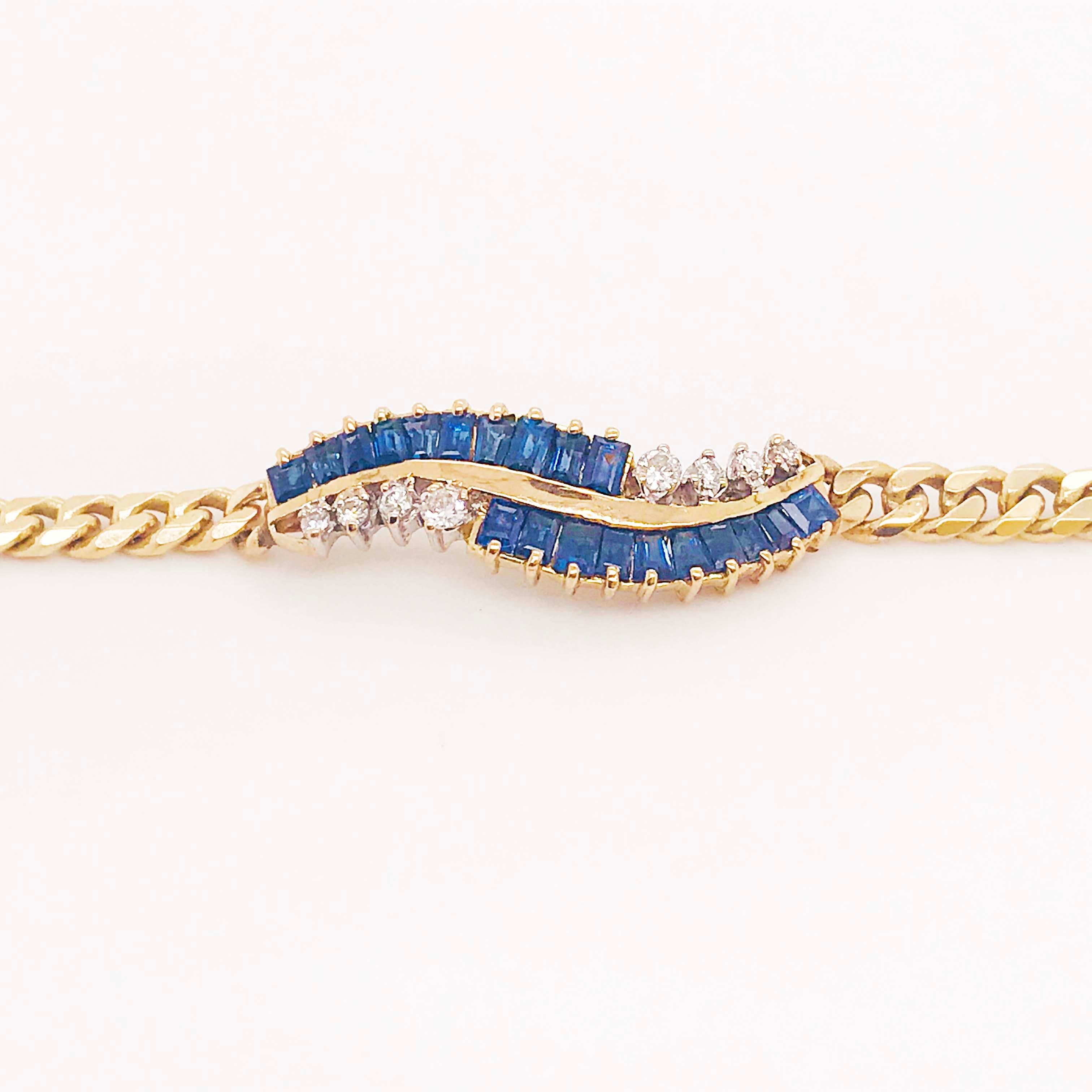 Modern Blue Sapphire and Diamond Chain Bracelet, 14 Karat Gold Curb Chain Link Bracelet
