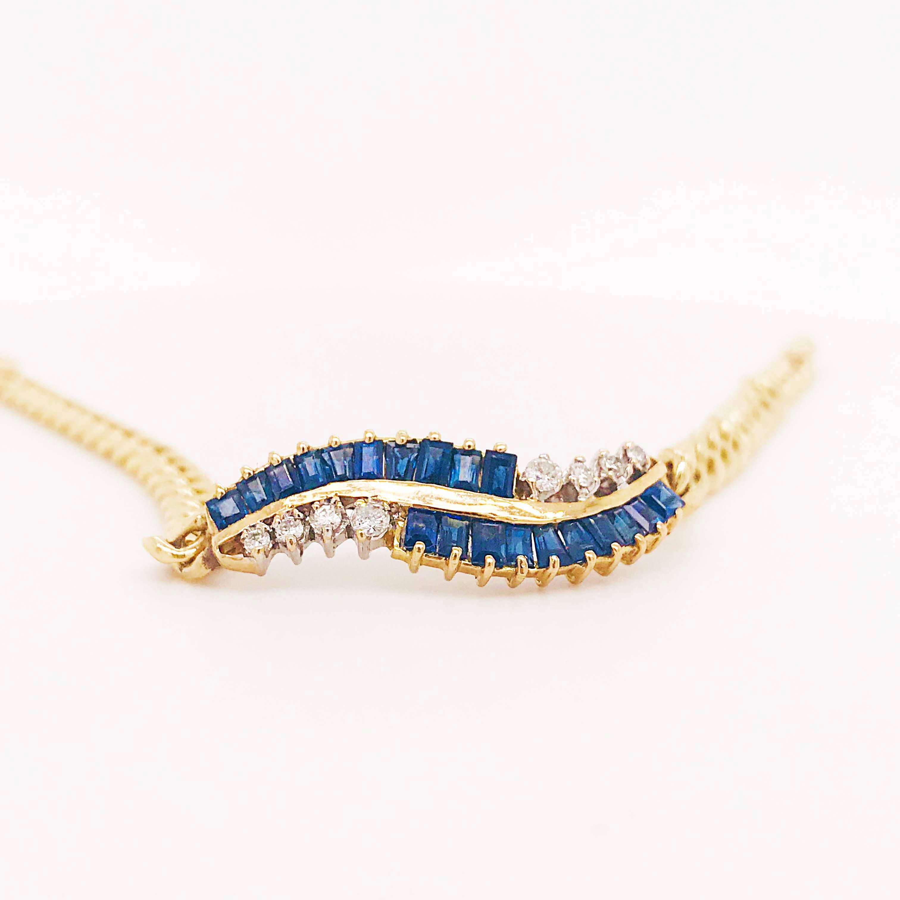 Round Cut Blue Sapphire and Diamond Chain Bracelet, 14 Karat Gold Curb Chain Link Bracelet