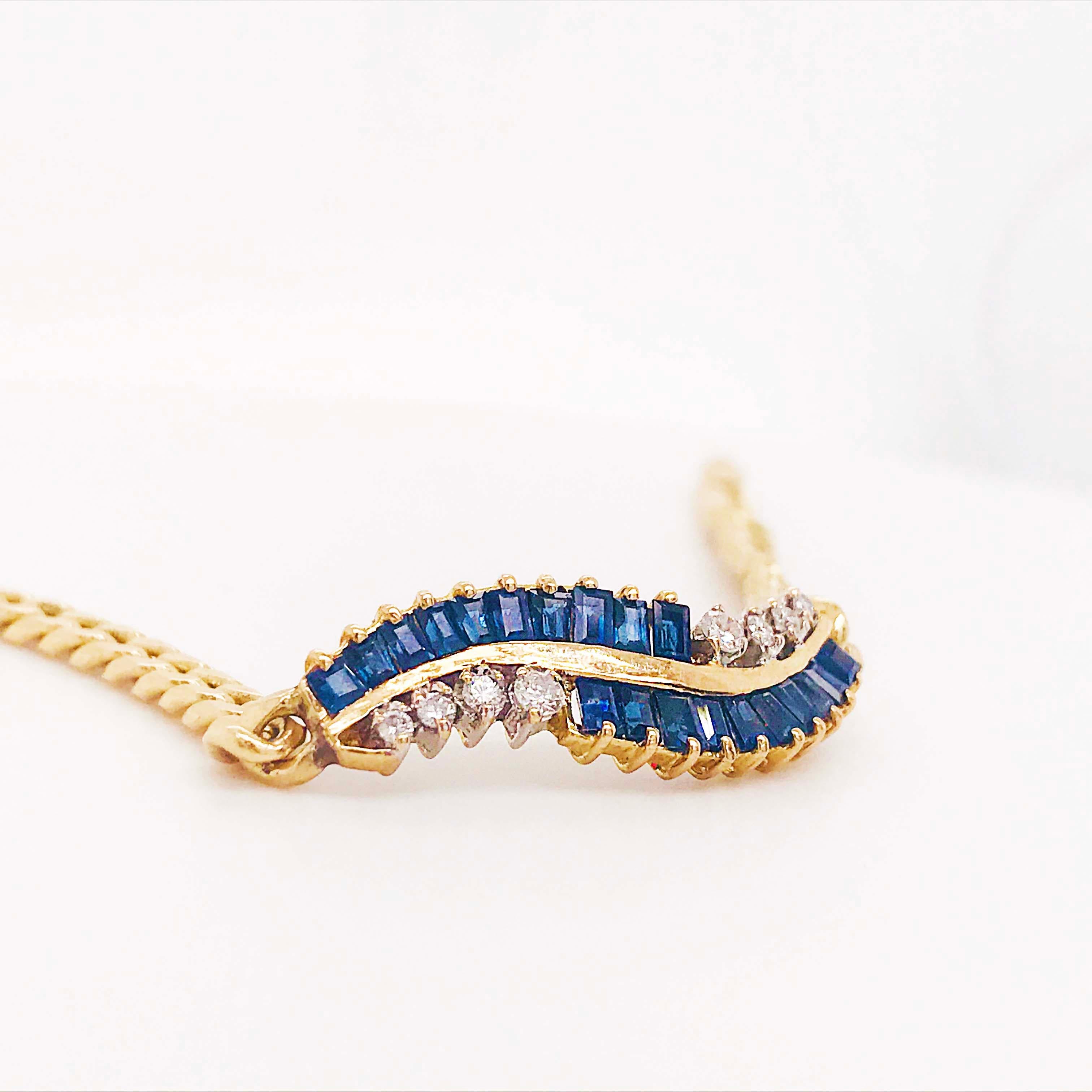 Blue Sapphire and Diamond Chain Bracelet, 14 Karat Gold Curb Chain Link Bracelet In New Condition In Austin, TX