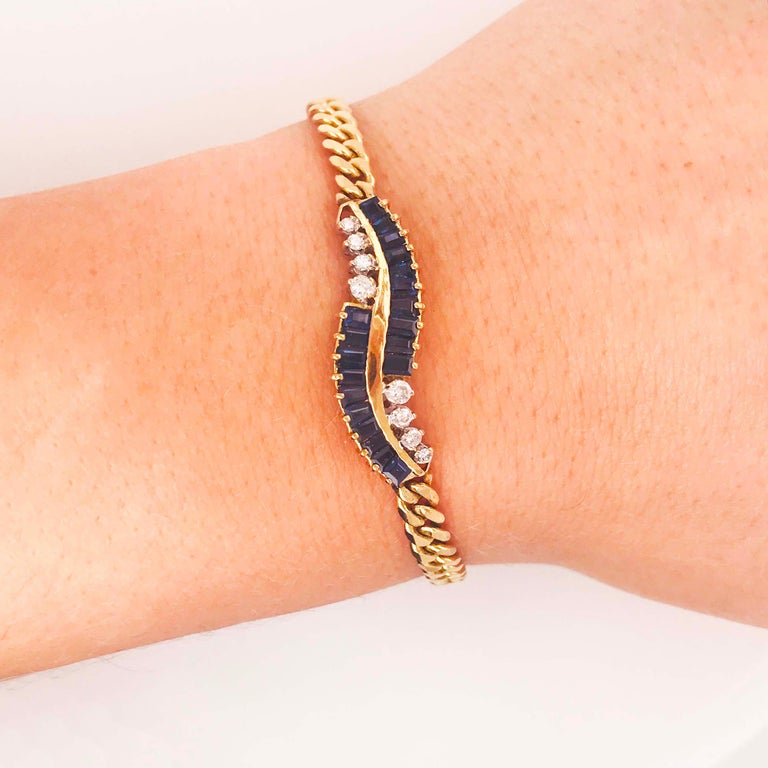 Blue Sapphire and Diamond Chain Bracelet, 14 Karat Gold Curb Chain Link