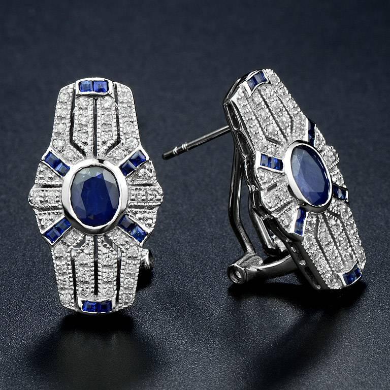 Art Deco Blue Sapphire Diamond Clip-On Earrings