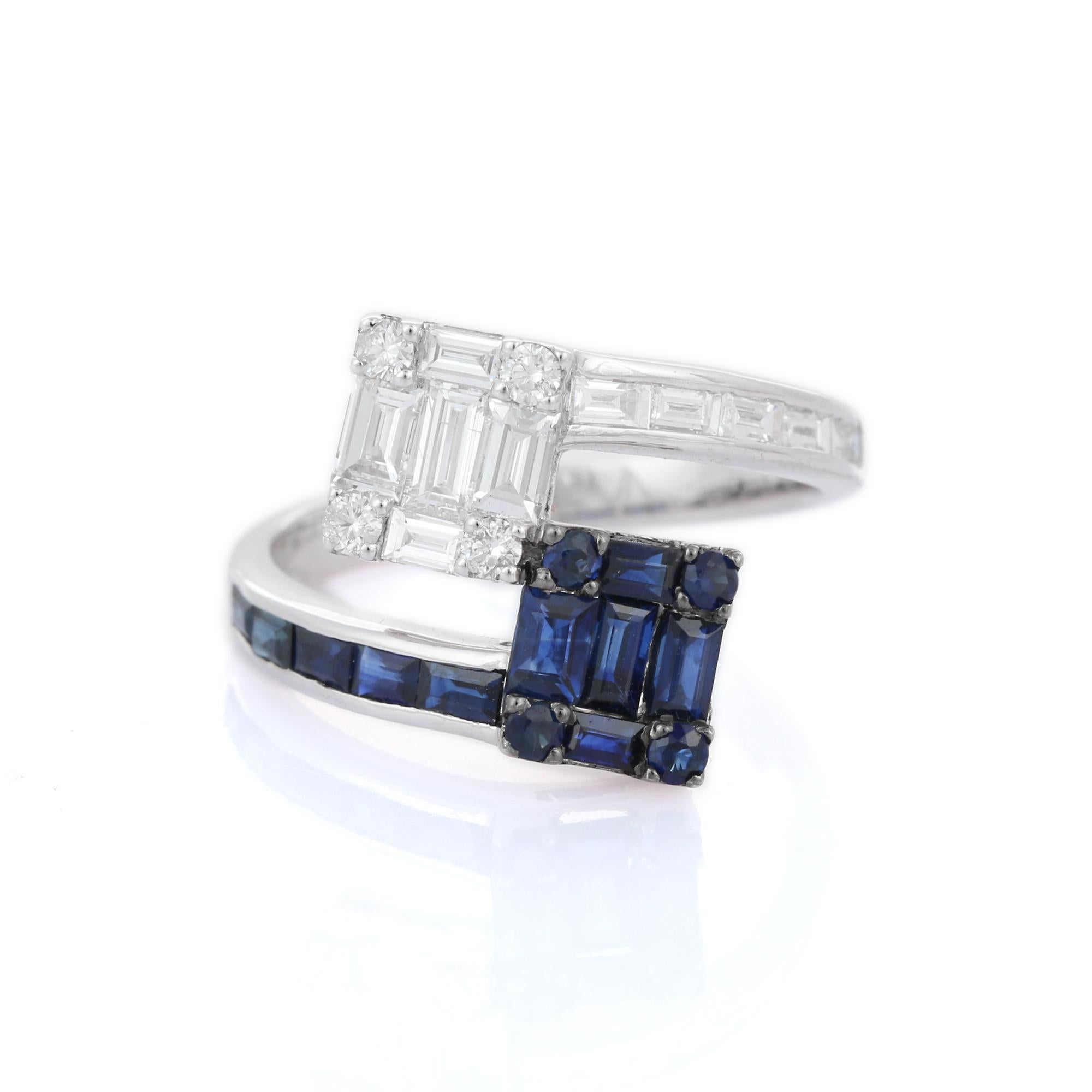 For Sale:  Natural Blue Sapphire and Diamond Cluster Bypass Ring in 18k Solid White Gold 2