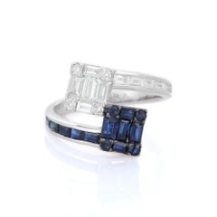 Natural Blue Sapphire and Diamond Cluster Bypass Ring in 18k Solid White Gold