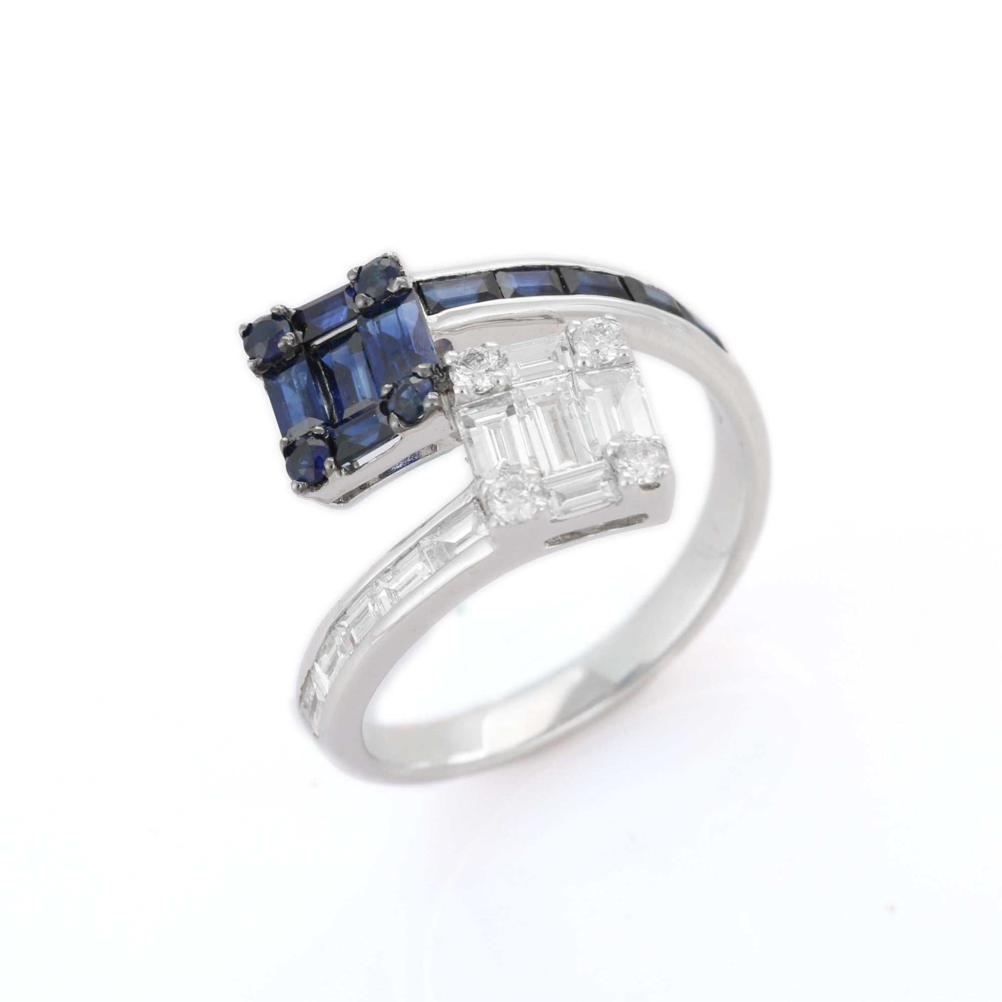 For Sale:  Natural Blue Sapphire and Diamond Cluster Bypass Ring in 18k Solid White Gold 5
