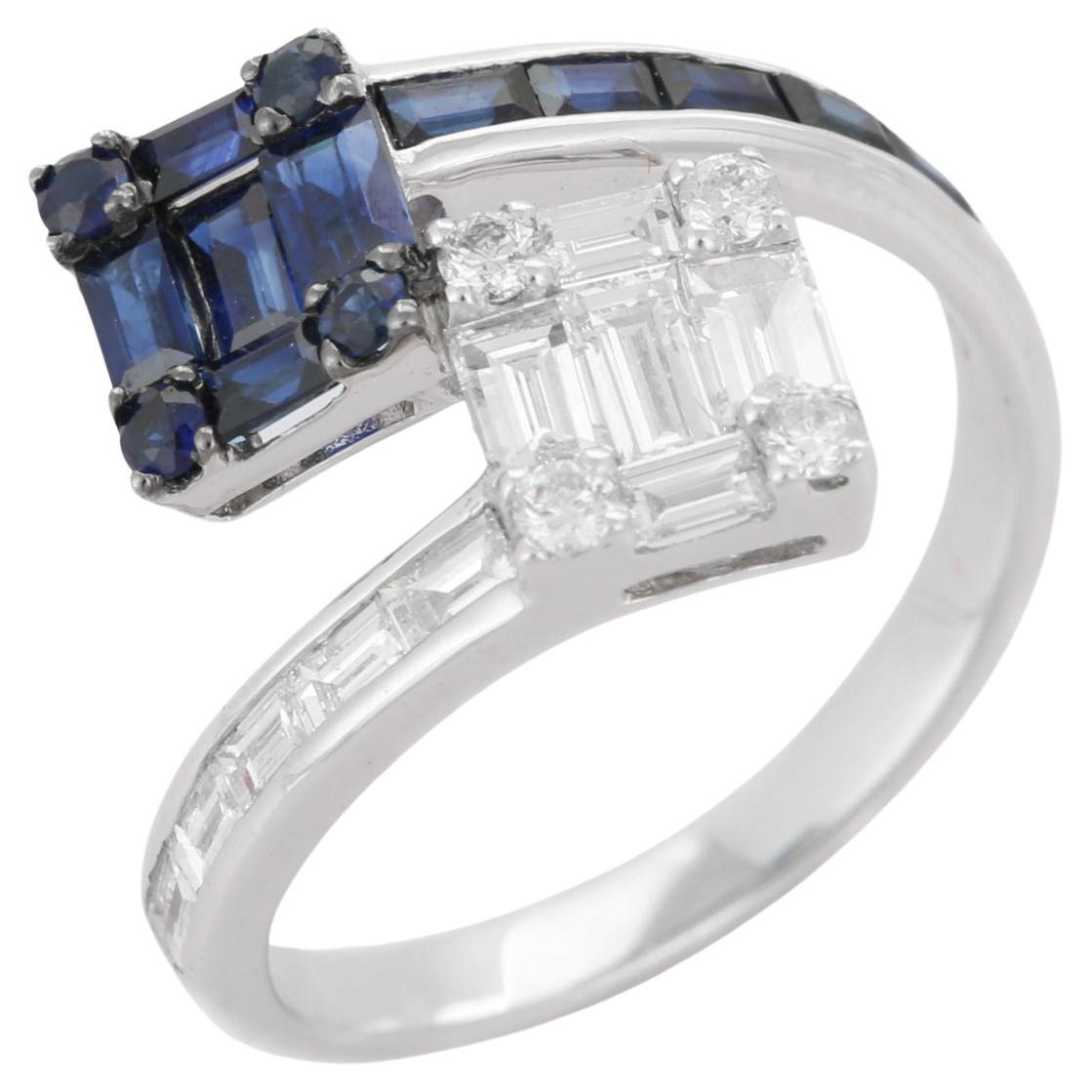 Bague bypass en or blanc massif 18 carats avec saphirs bleus naturels et diamants en grappe