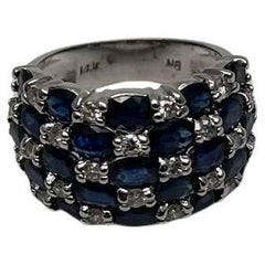 Blue Sapphire & Diamond Cluster Pave Set 14K White Gold Statement Band Ring