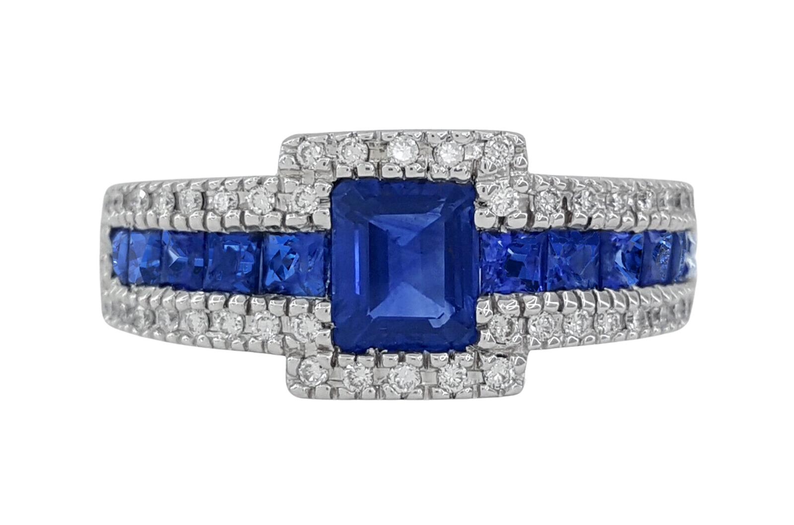 Cushion Cut Blue Sapphire Diamond Cocktail Ring 18 Carats White Gold For Sale