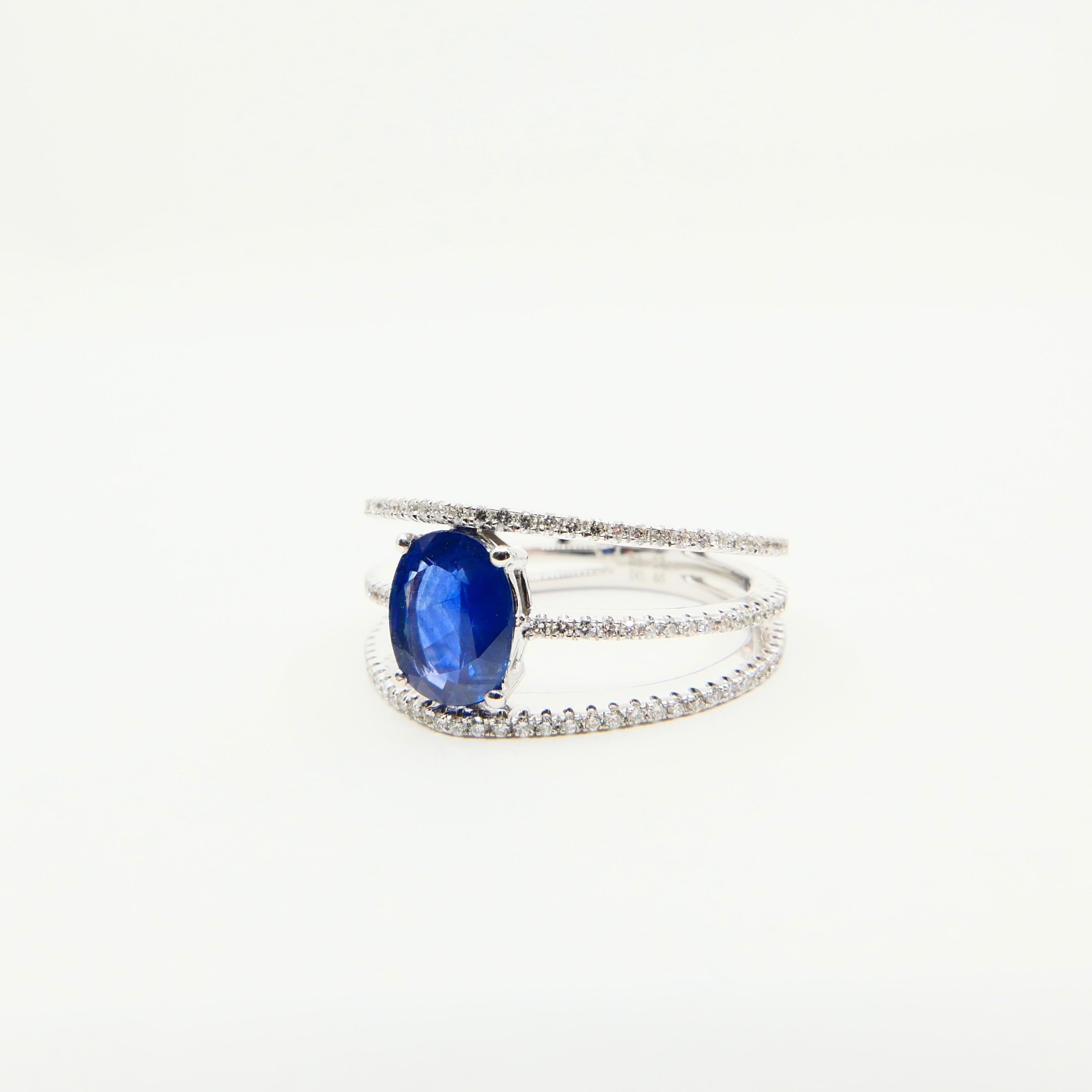 Blue Sapphire and Diamond Cocktail Ring, 3 Rows Design, 18 Karat White Gold For Sale 5