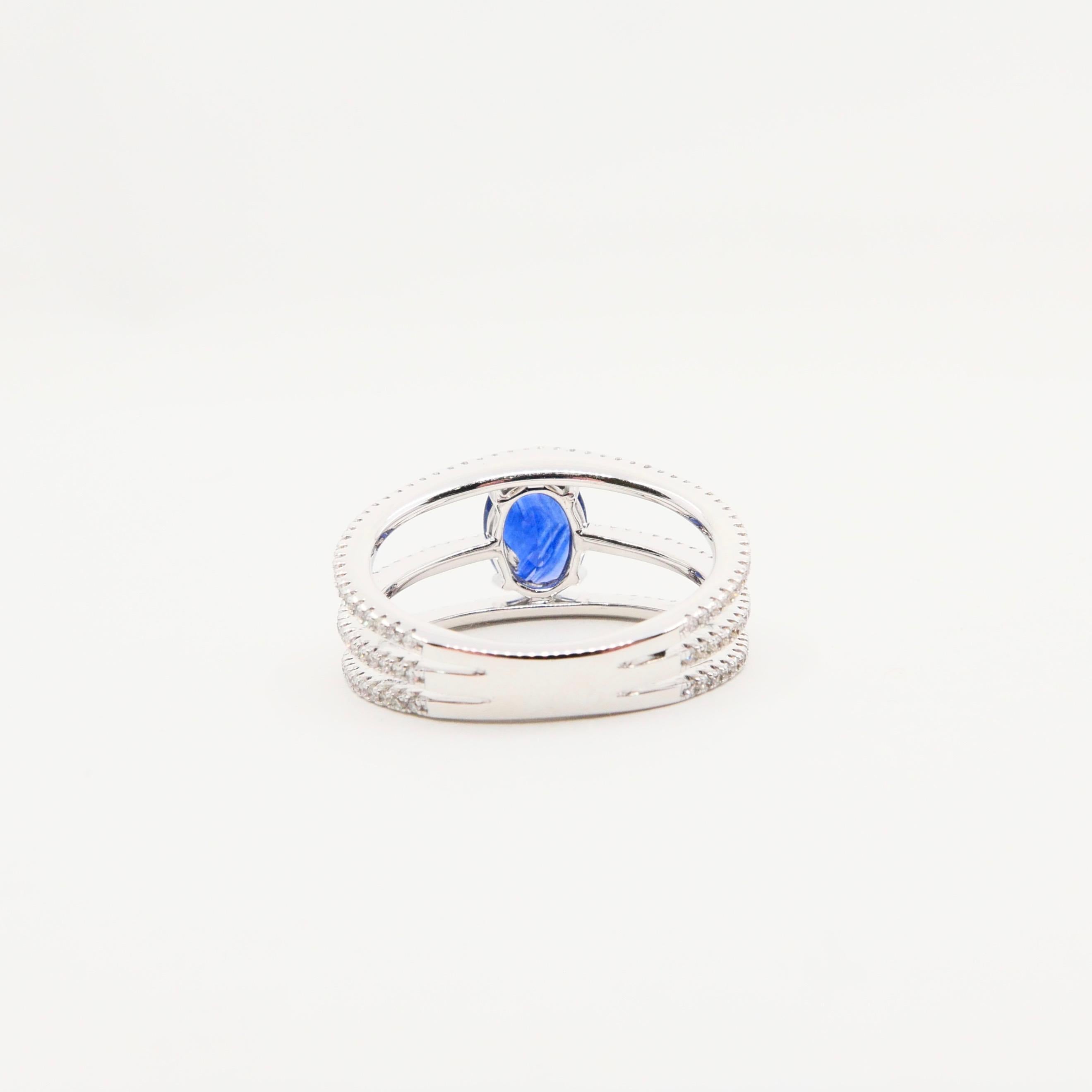 Blue Sapphire and Diamond Cocktail Ring, 3 Rows Design, 18 Karat White Gold For Sale 7