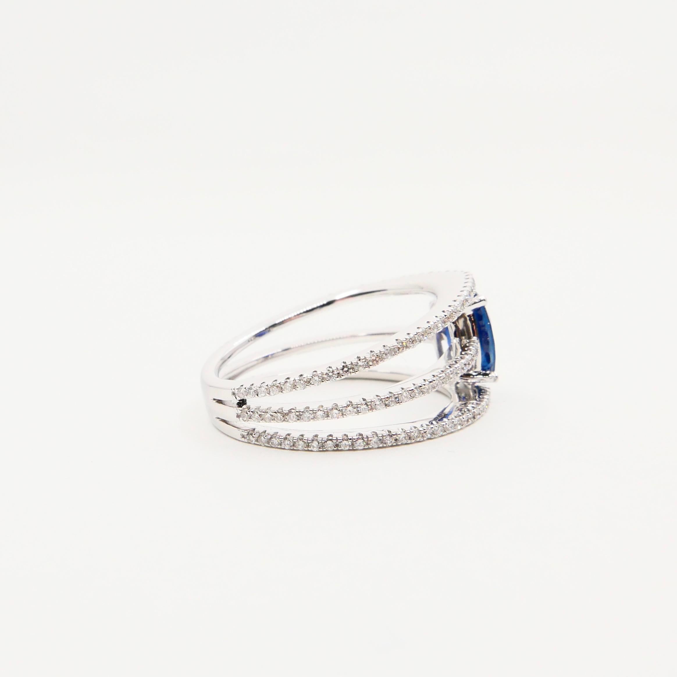 Blue Sapphire and Diamond Cocktail Ring, 3 Rows Design, 18 Karat White Gold For Sale 8